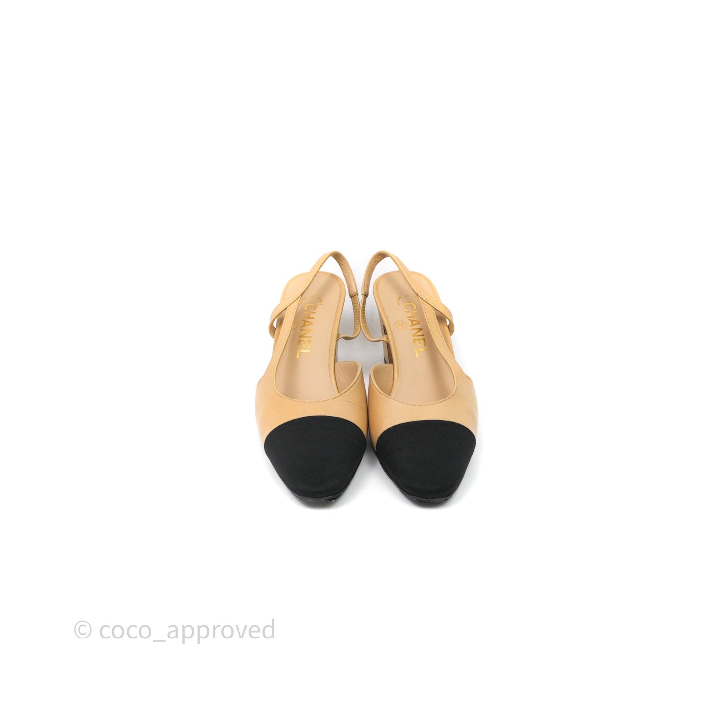 Chanel Classic Slingback Beige Black Leather Size 36