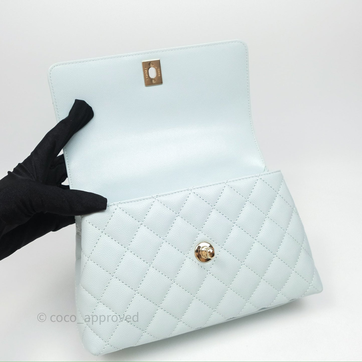 Chanel Small Coco Handle Quilted Light Blue Caviar Gold Hardware