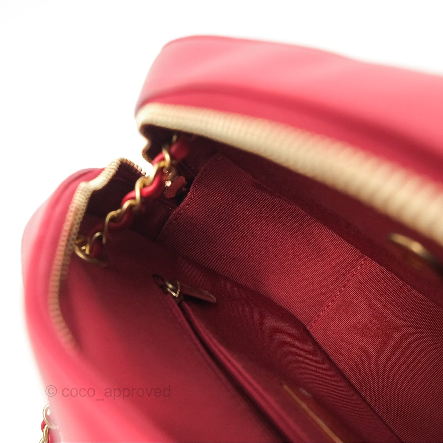 Chanel Chain Infinity Camera Case Red Goatskin Aged Gold Hardware
