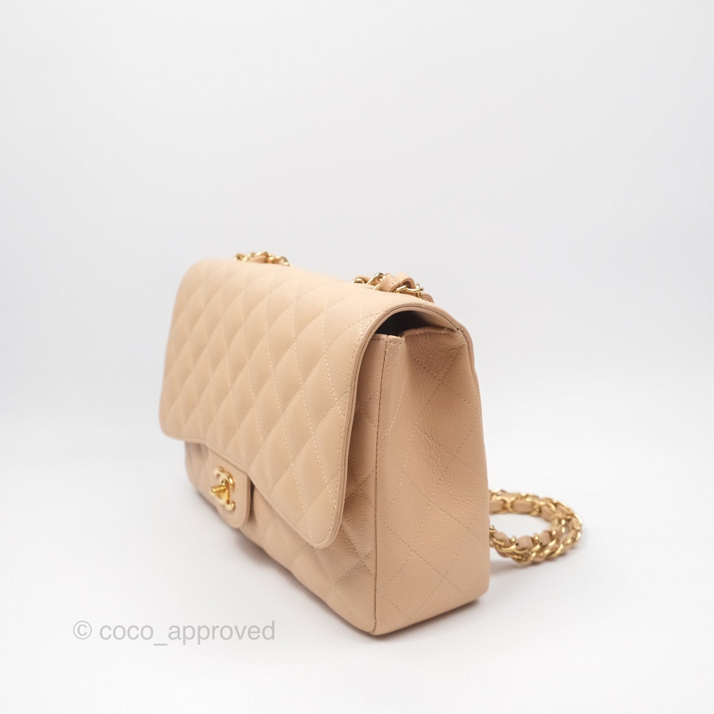 Chanel Jumbo Single Flap Quilted Beige Caviar Gold Hardware
