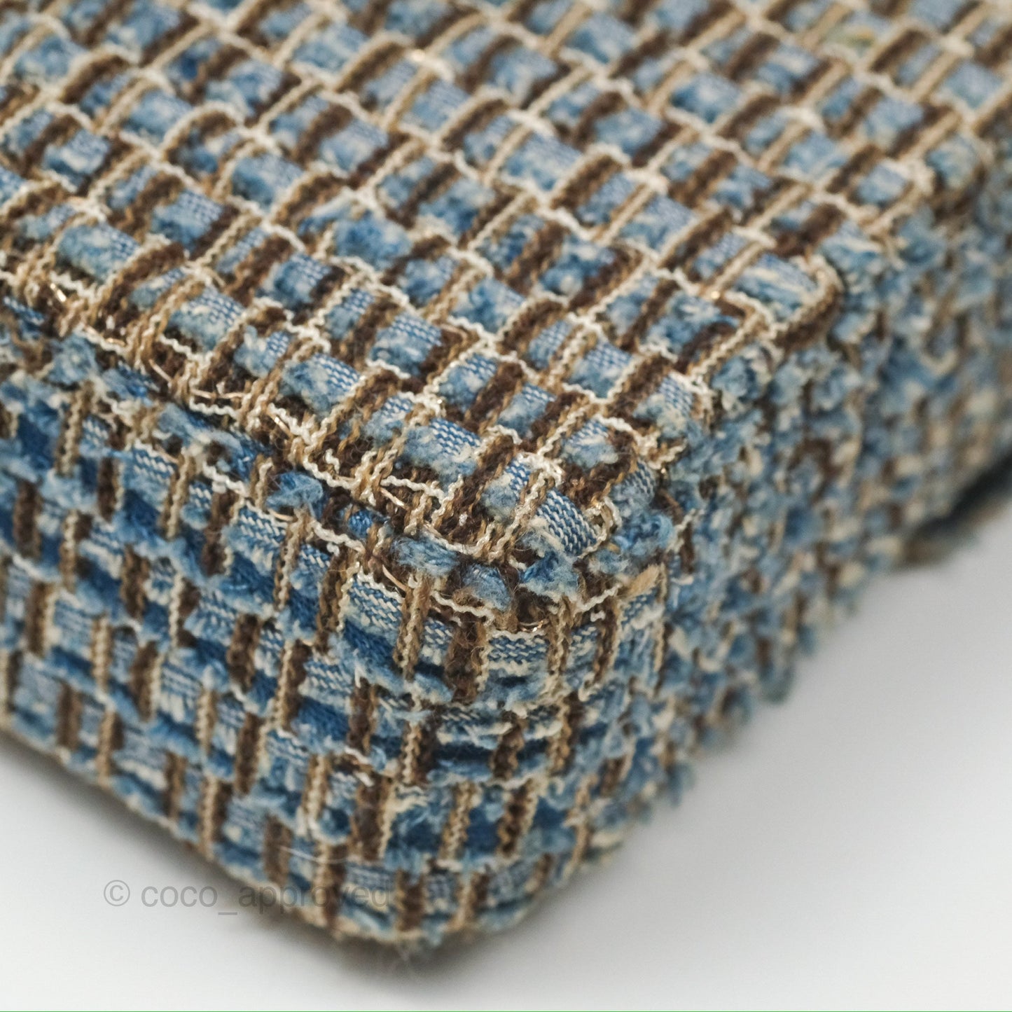 Chanel East West Chocolate Bar Flap Bag Grey Blue Tweed 24K Gold Hardware