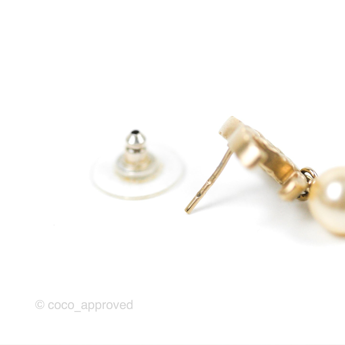 Chanel CC Pearl Drop Earrings Gold Tone 10A