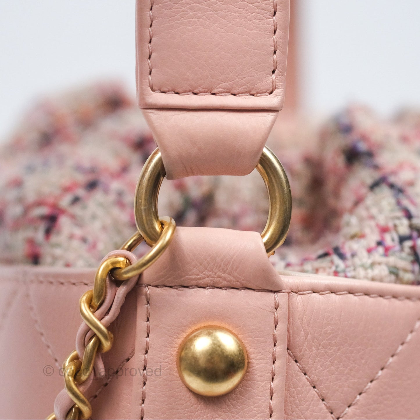 Chanel Quilted Top Handle Drawstring Bucket Bag Calfskin Tweed Pink Aged Gold Hardware