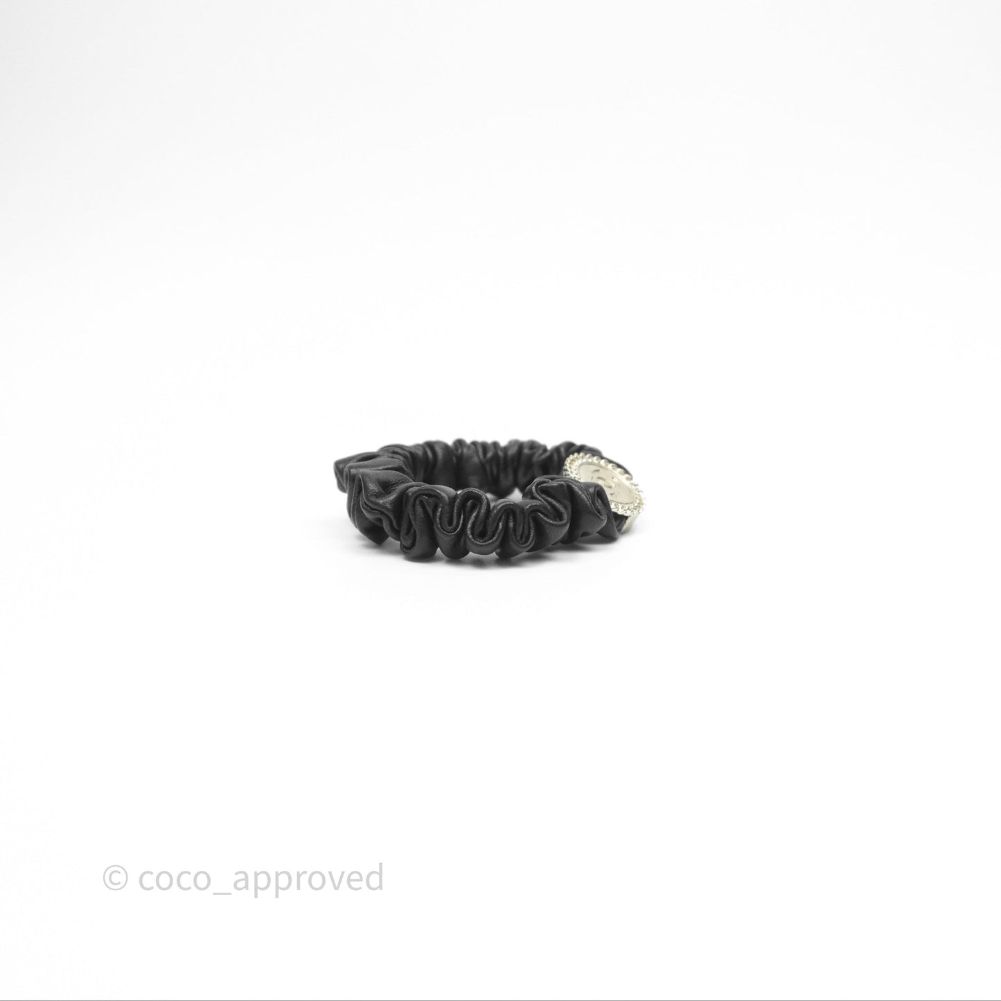 Chanel CC Black Leather Scrunchie Hair Accessory Gold Tone 22P