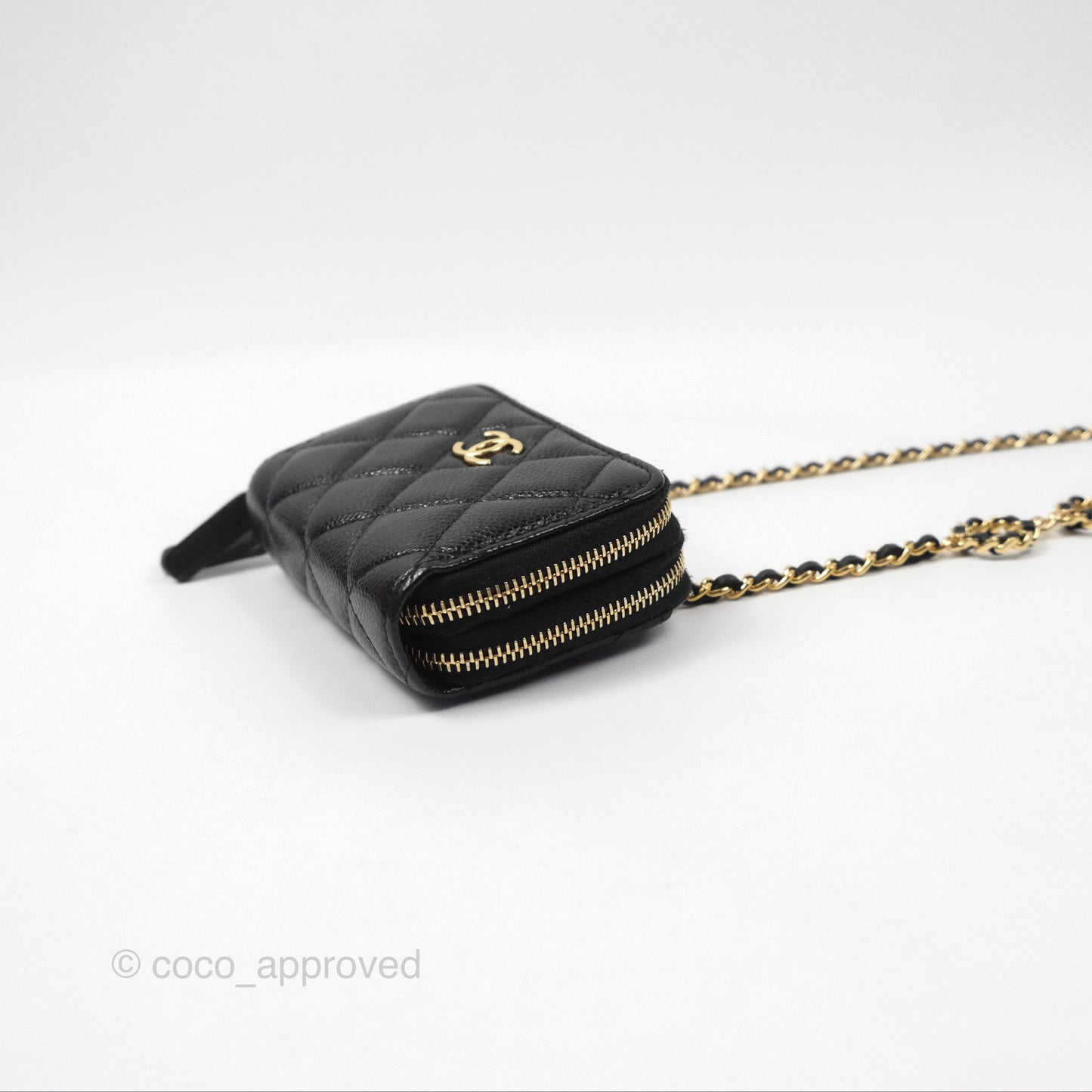 Chanel Miss Coco Quilted Zip Card Holder on Chain Black Caviar Gold Hardware