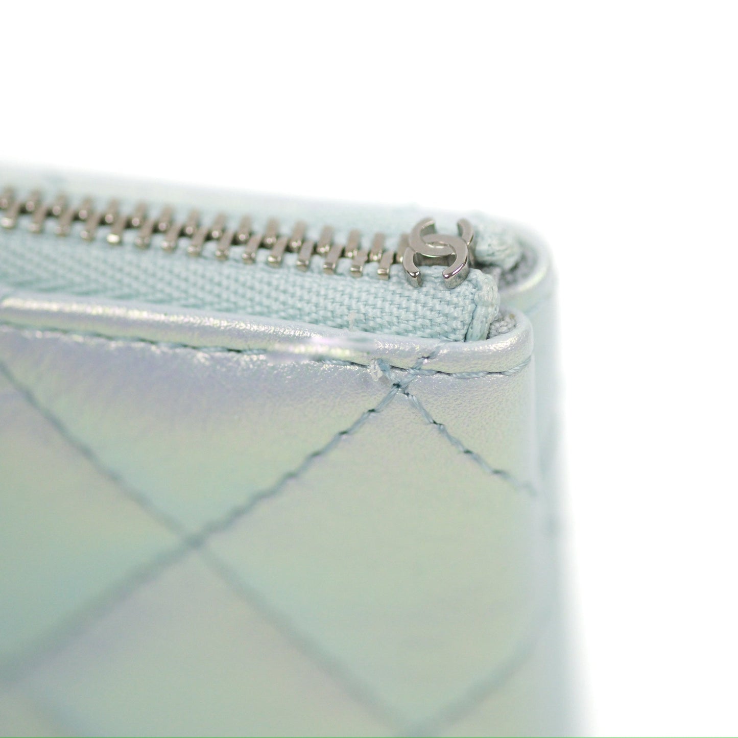 Chanel Quilted Mini O Case Iridescent Icy Blue Calfskin Silver Hardware