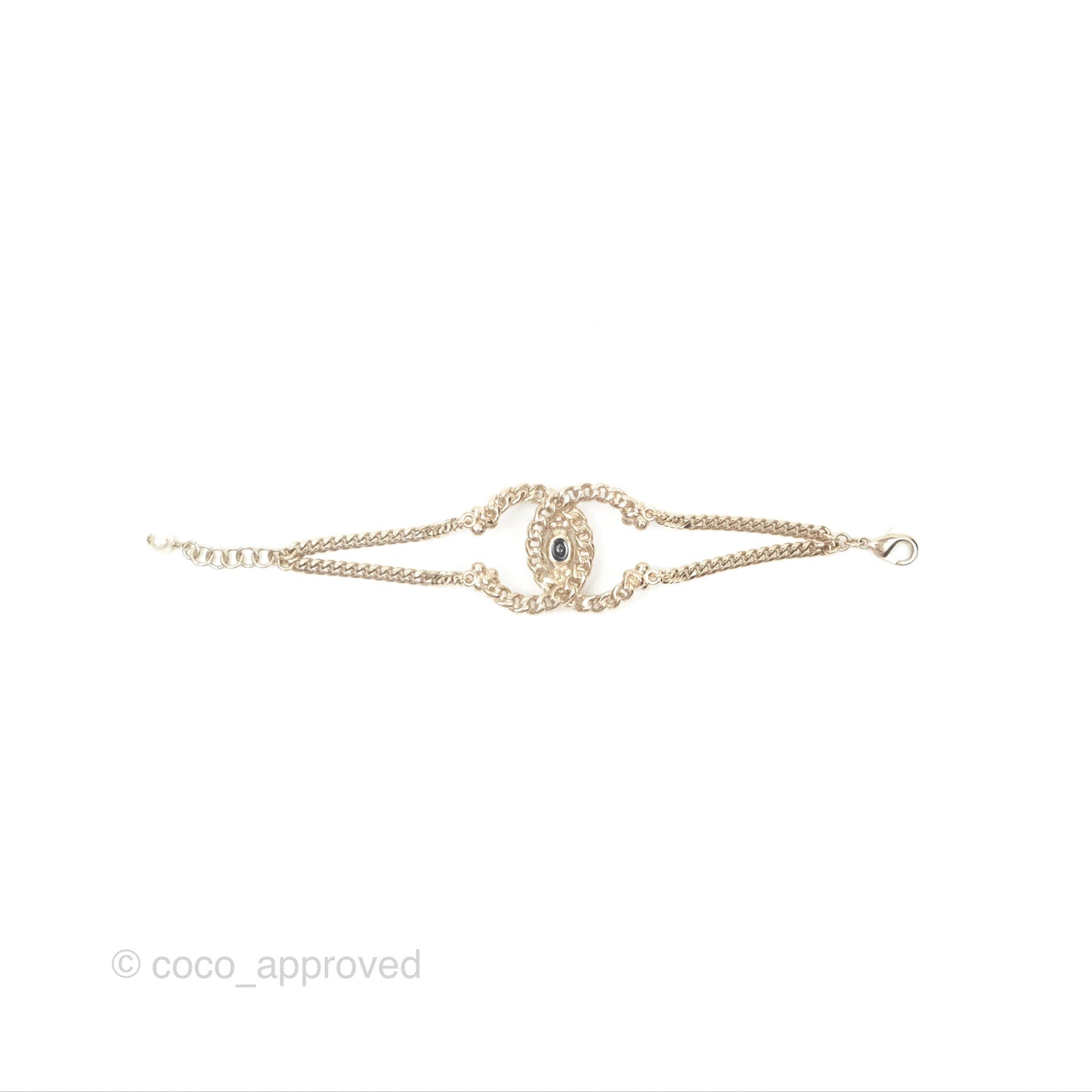 Chanel Large Chain CC Crystal Pearl Black Resin Bracelet Gold Tone 20P