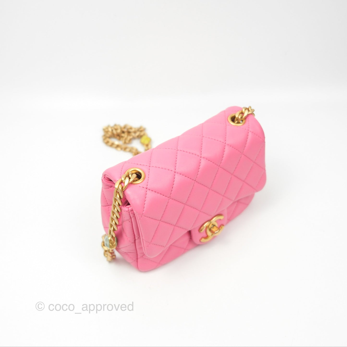 Chanel Mini Pearl Samba Square Flap Pink Lambskin Aged Gold Hardware 21P