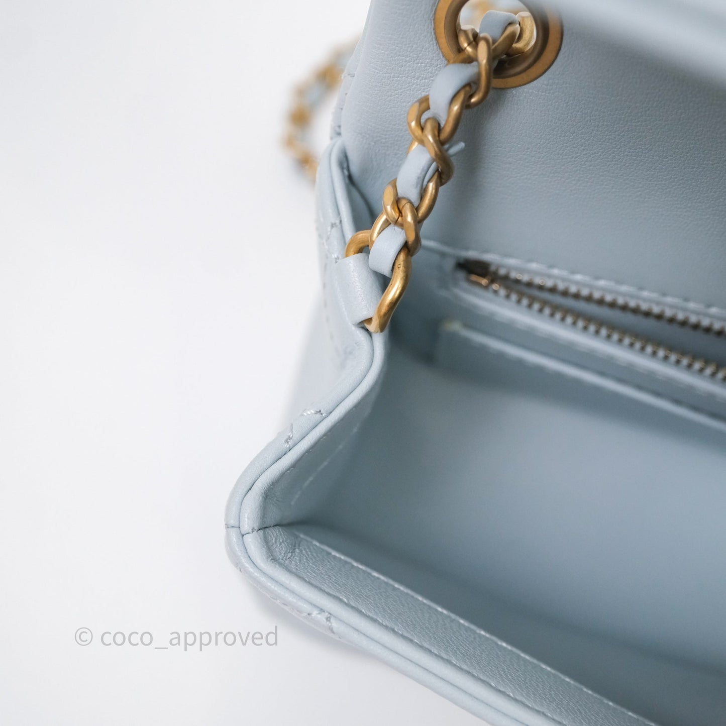 Chanel Pearl Crush Mini Rectangular Light Blue Lambskin Aged Gold Hardware