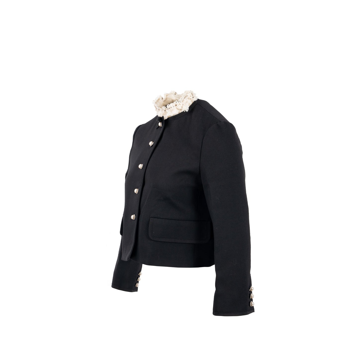 Miu Miu Size 38 Cropped Button Up Lace Jacket virgin wool / silk Black