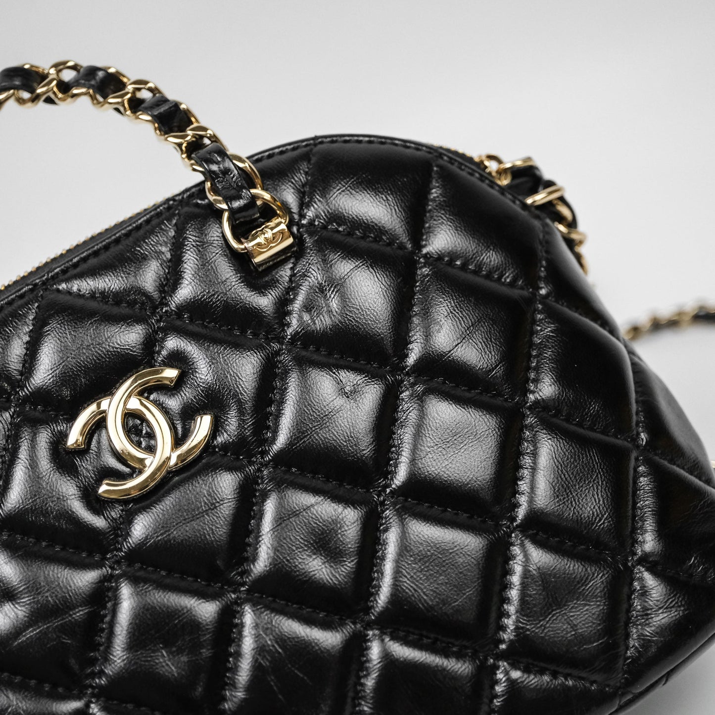 Chanel Handle Clutch with Chain Black Shiny Lambskin Gold Hardware