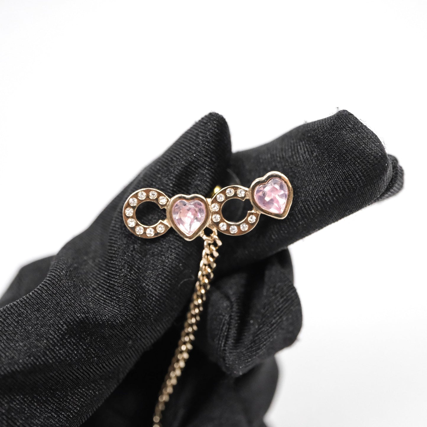 Chanel Crystal COCO Pink Heart Earrings Gold Tone 22B