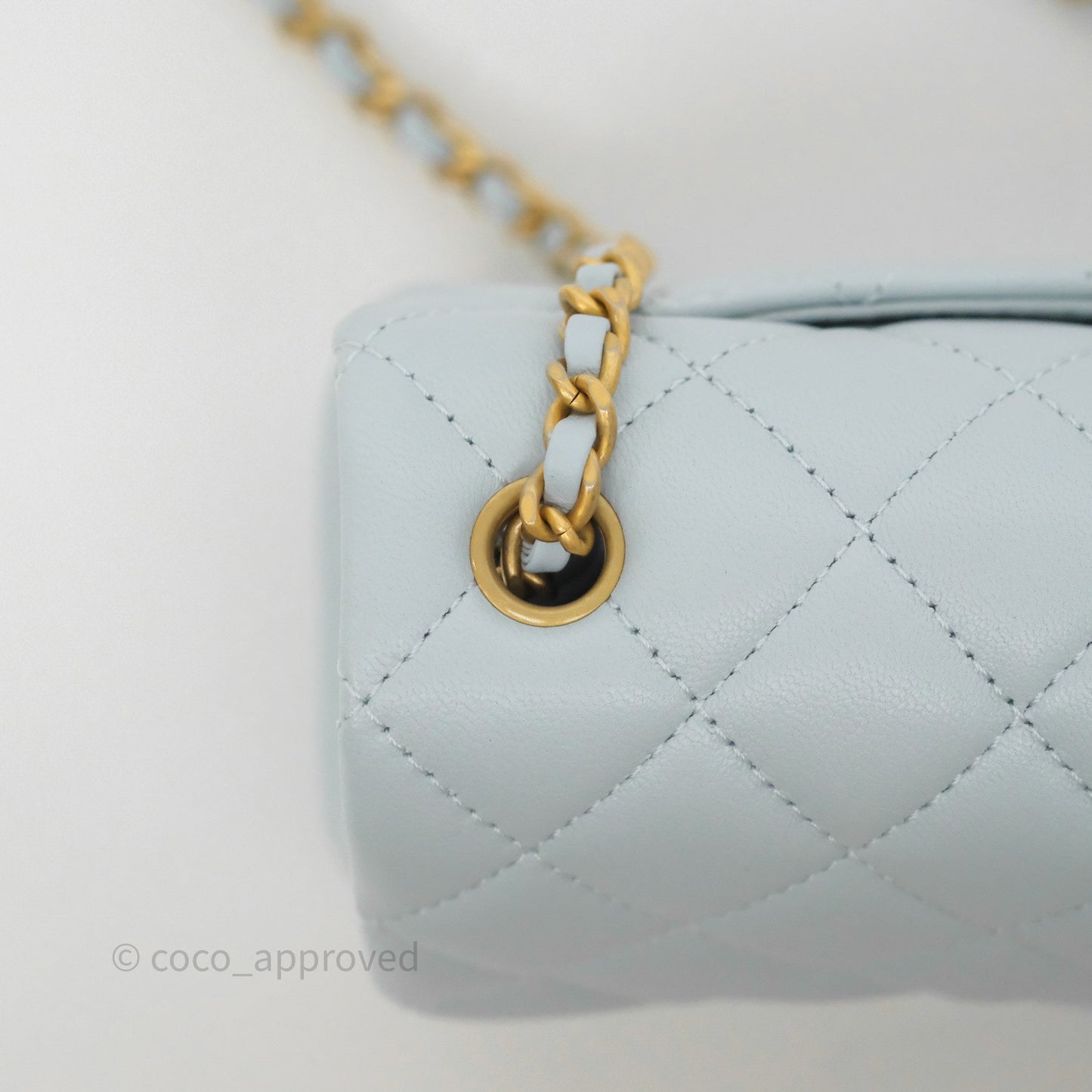 Chanel Pearl Crush Mini Rectangular Light Blue Lambskin Aged Gold Hardware