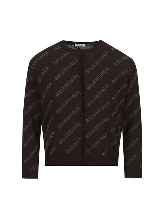 Luxury Balenciaga All-Over Logo Print Cotton Crop Cardigan Brown