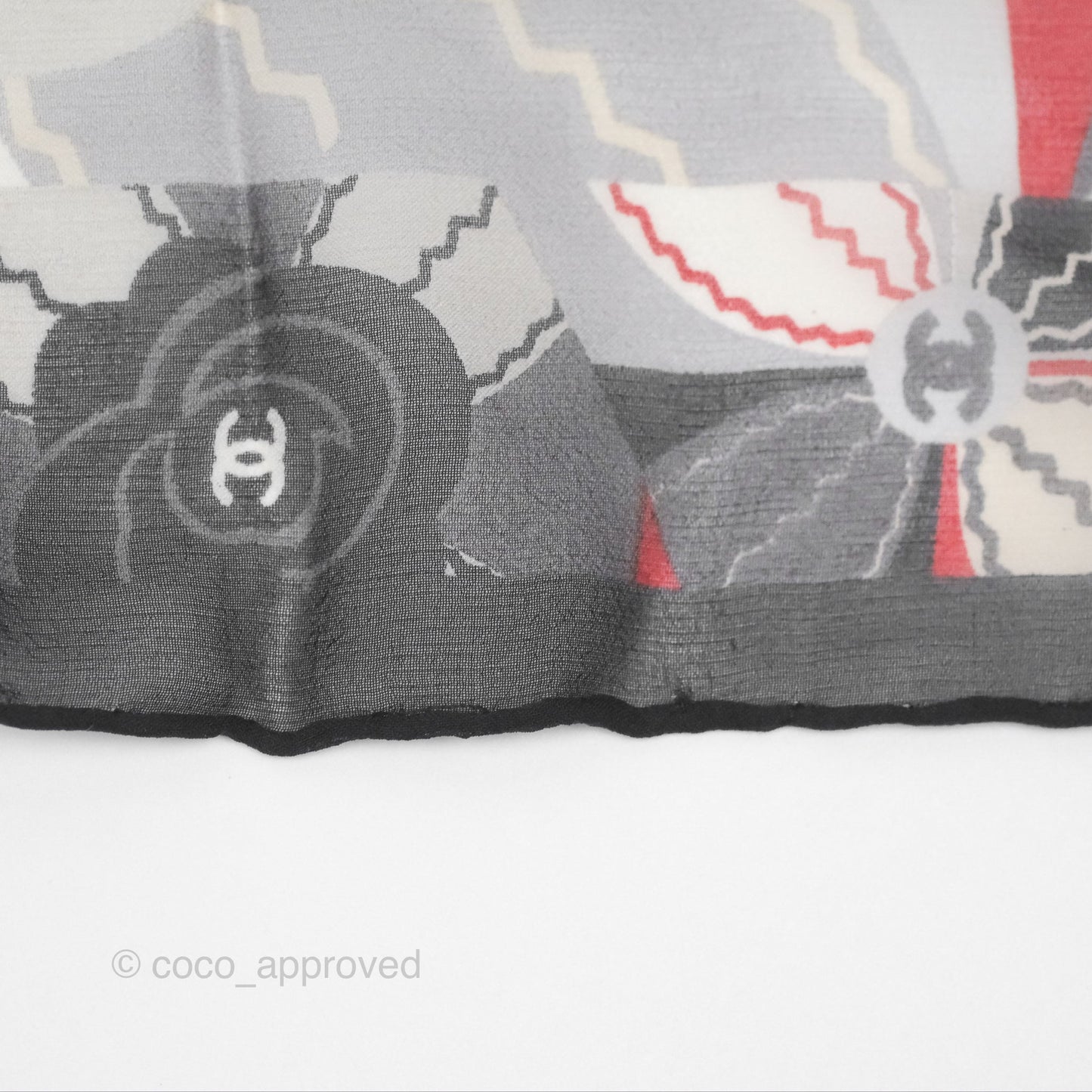 Chanel CC Silk Square Scarf 90 Grey/Red/White