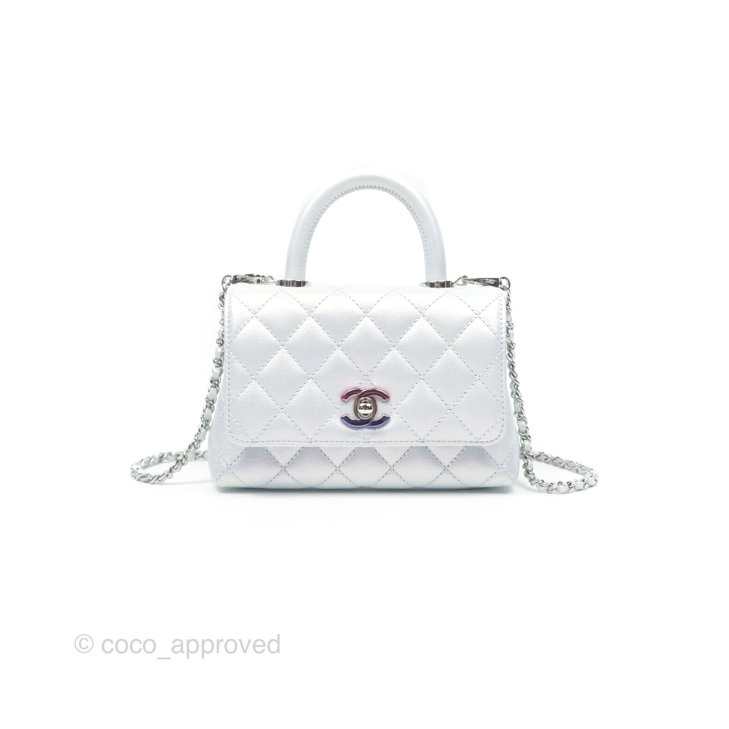 Chanel Mini Coco Handle Quilted Iridescent Light Blue Caviar Rainbow Hardware 21K
