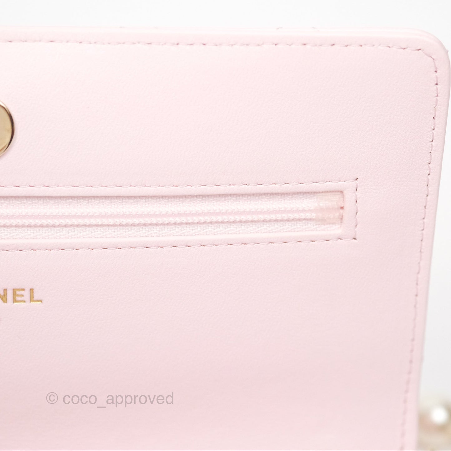 Chanel Wallet On Chain WOC Pearl Chain Iridescent Light Pink Lambskin Gold Hardware