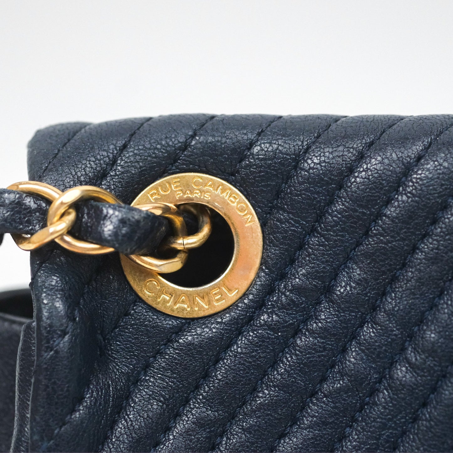 Chanel Small Chevron Surpique Flap Navy Calfskin Aged Gold Hardware