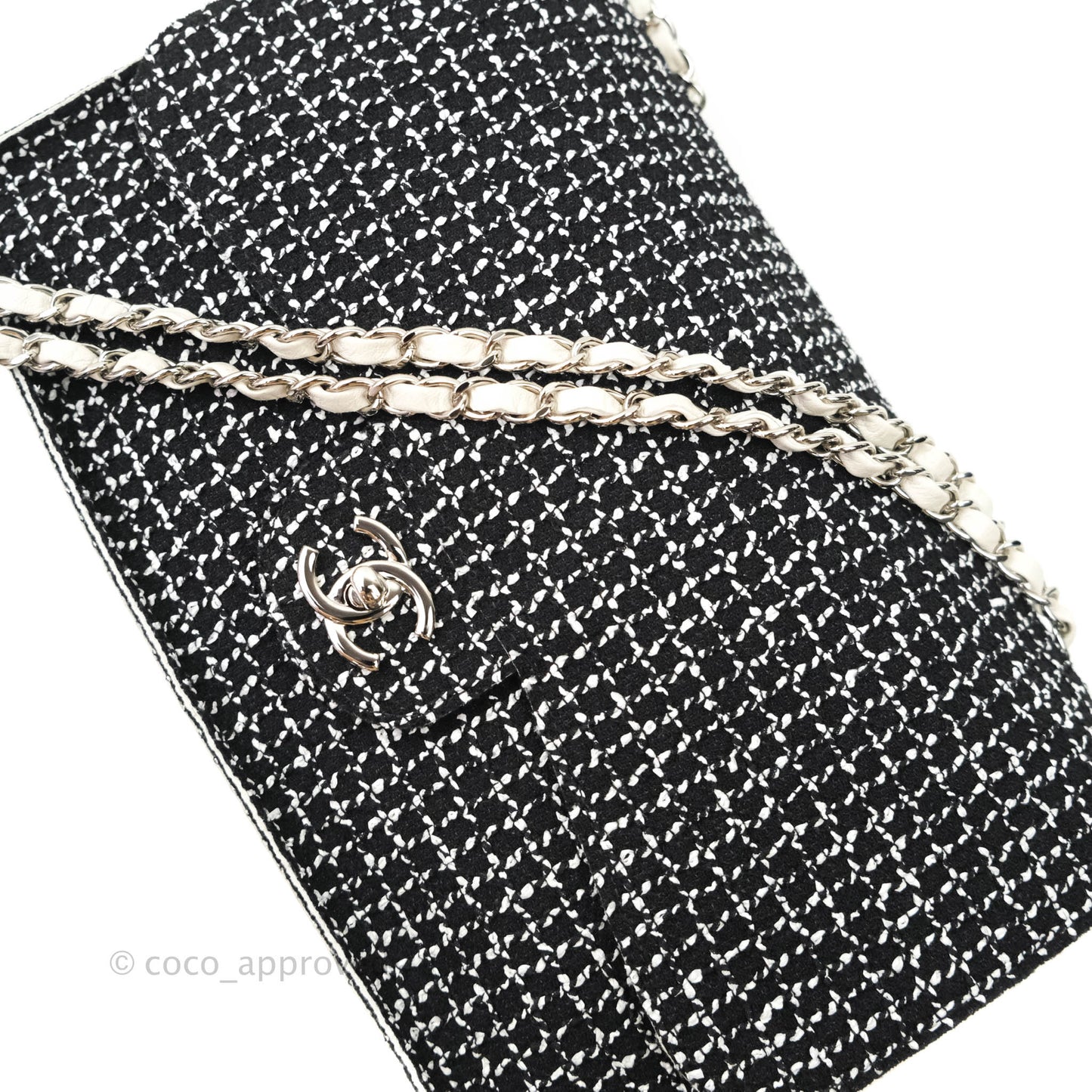 Chanel Classic Single Flap Bag Black/White Tweed Silver Hardware