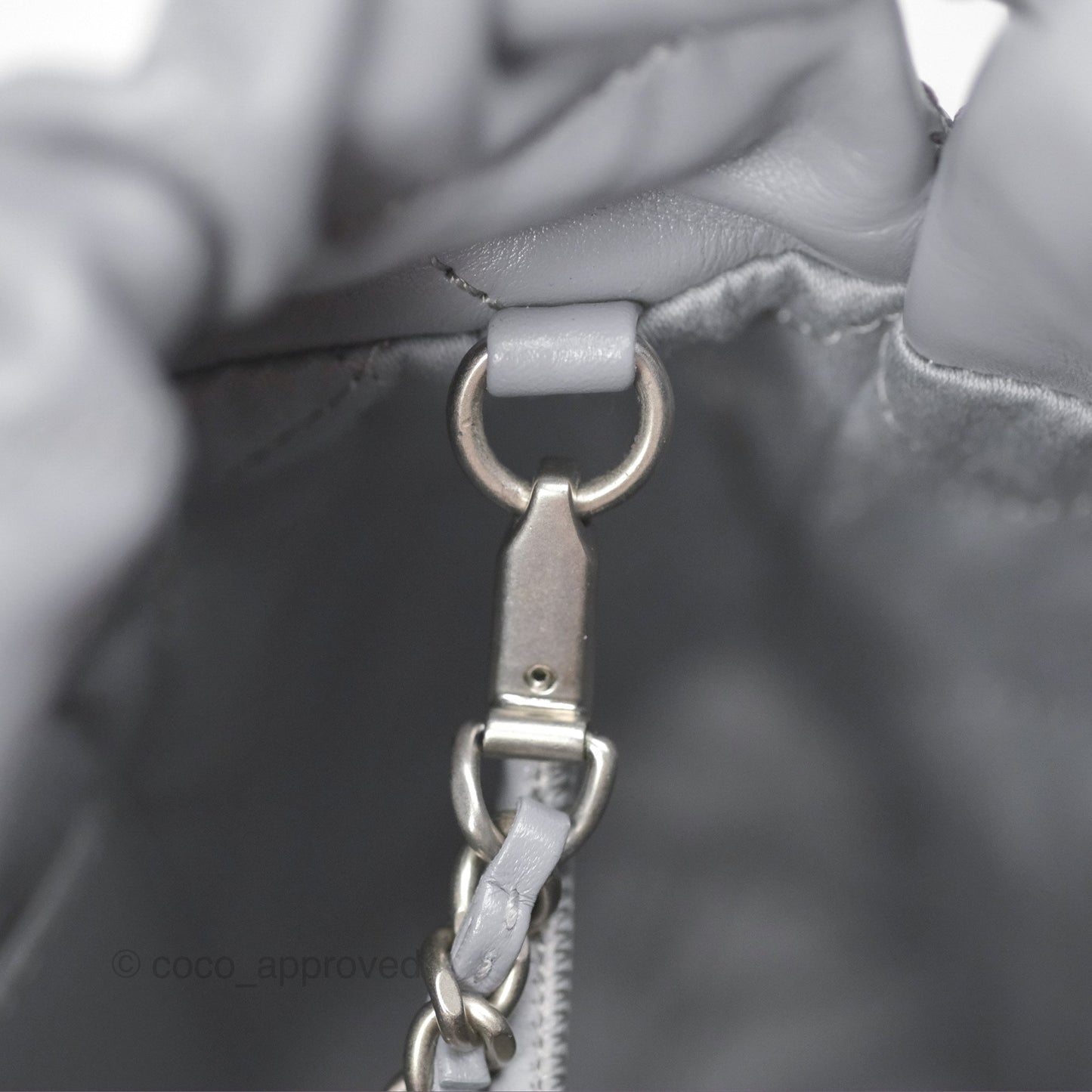 Chanel 22 Mini Bag Light Grey Shiny Crumpled Calfskin Matte Silver Hardware