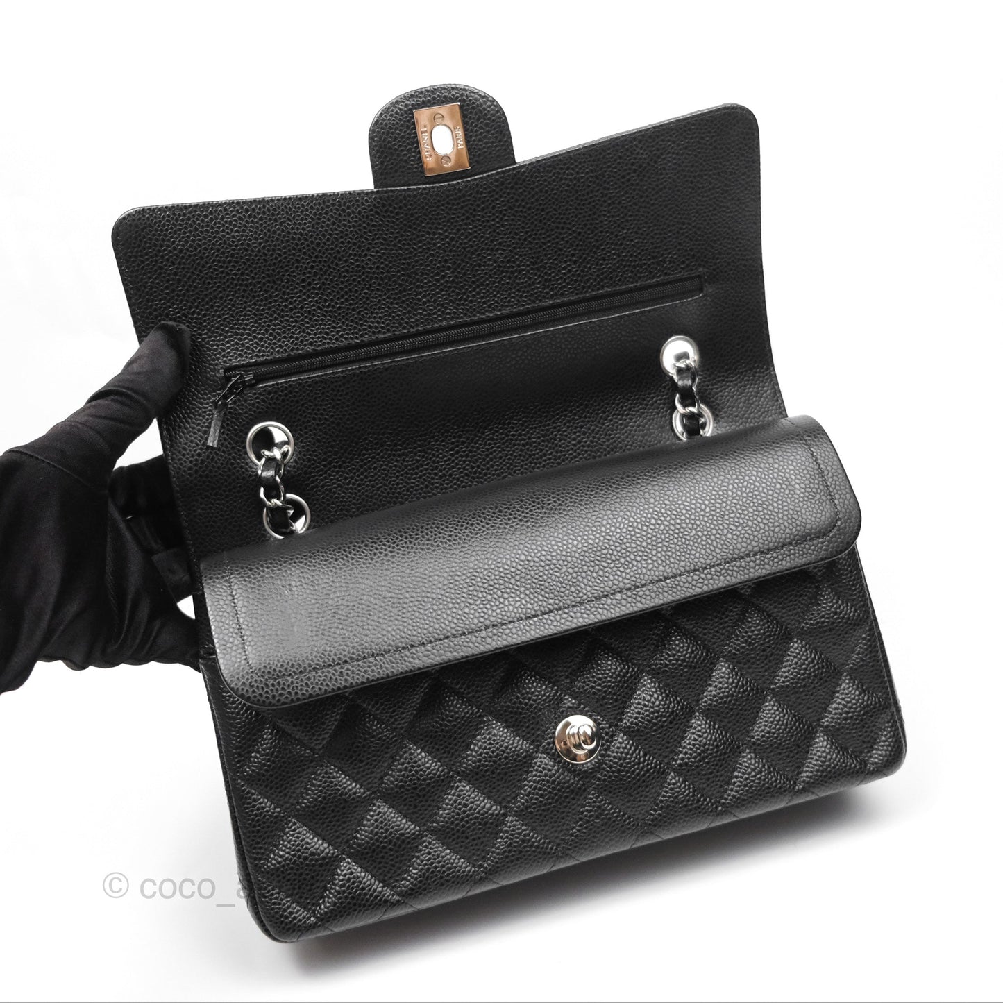 Chanel Classic M/L Medium Flap Quilted Black Caviar Silver Hardware
