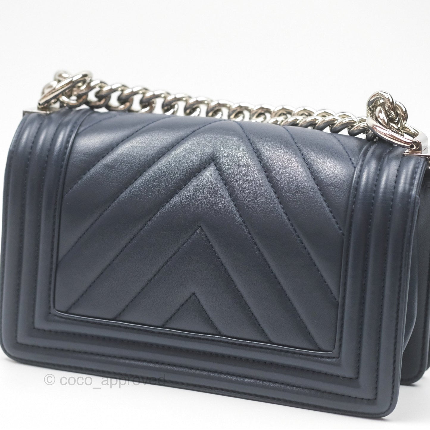 Chanel Small Chevron Boy Navy Calfskin Silver Hardware