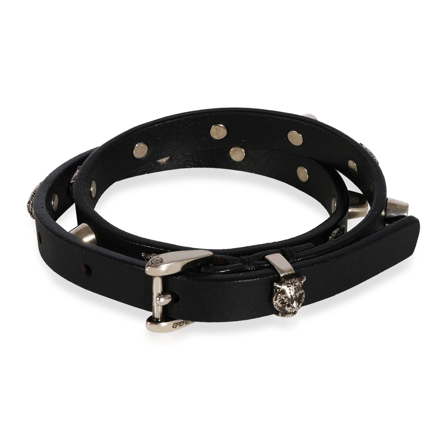 Luxury Gucci Trending 2025 Black Leather Double Wrap Bracelet with Feline Heads & Studs
