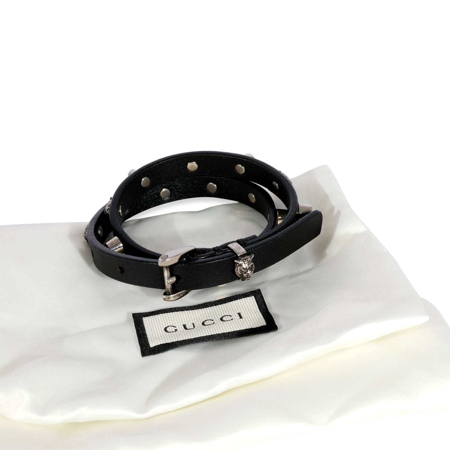 Luxury Gucci Trending 2025 Black Leather Double Wrap Bracelet with Feline Heads & Studs