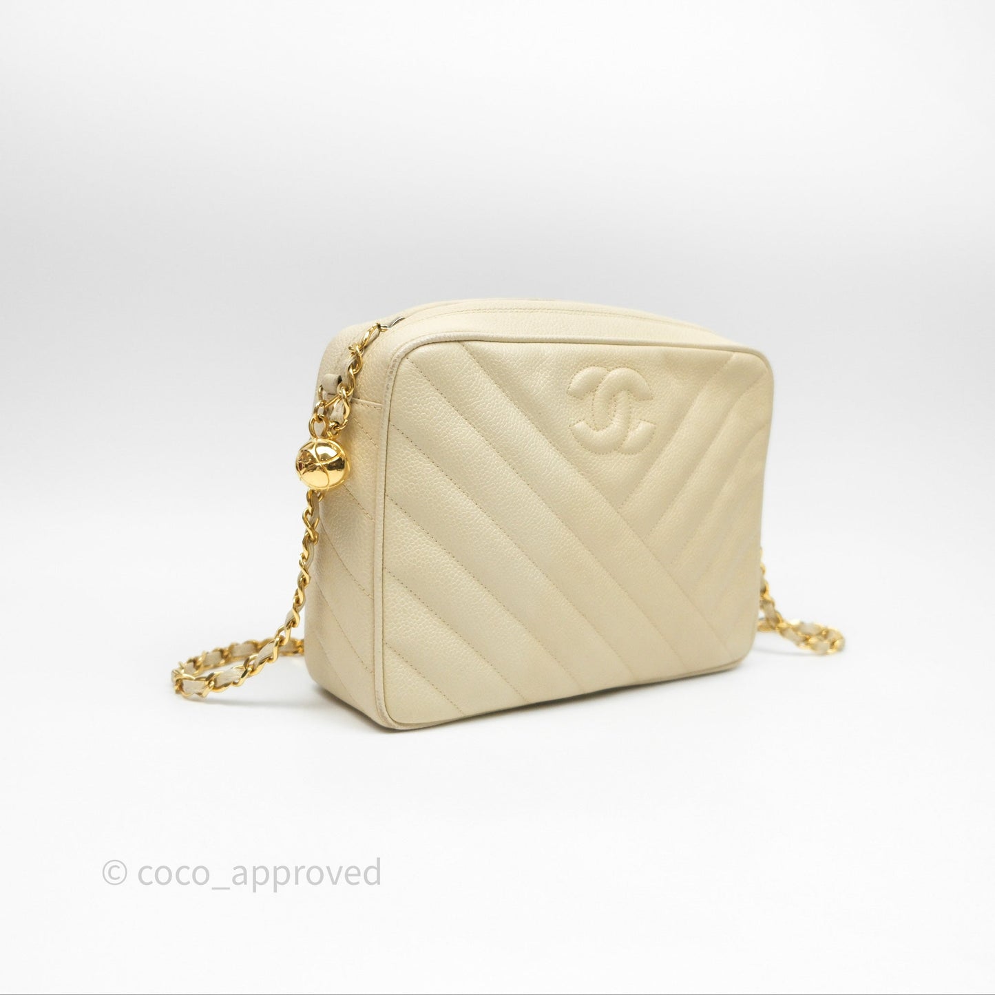 Chanel Vintage Chevron Camera Bag Light Beige Caviar Gold Hardware