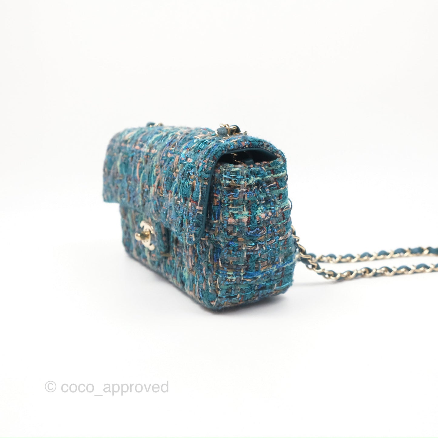 Chanel Mini Rectangular Flap Teal Tweed Gold Hardware