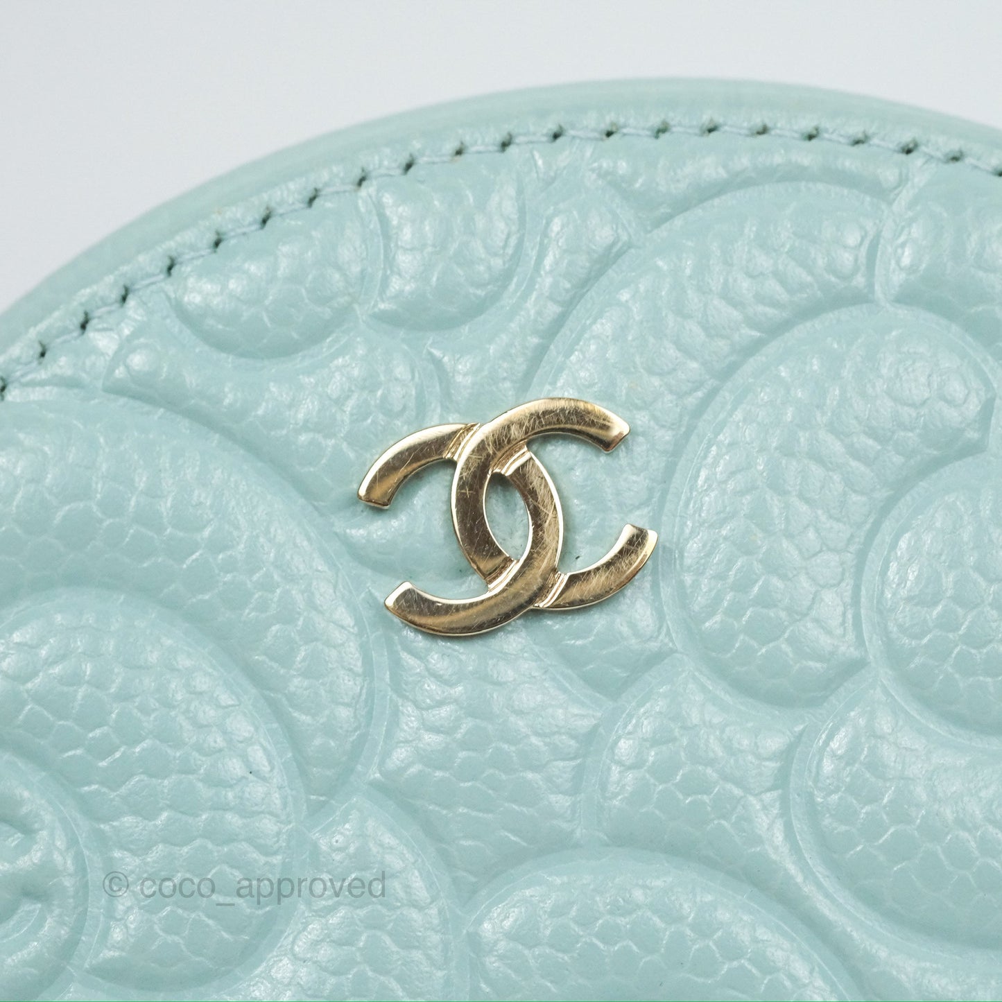 Chanel Camellia Embossed Round Clutch With Chain Light Tiffany Blue Caviar