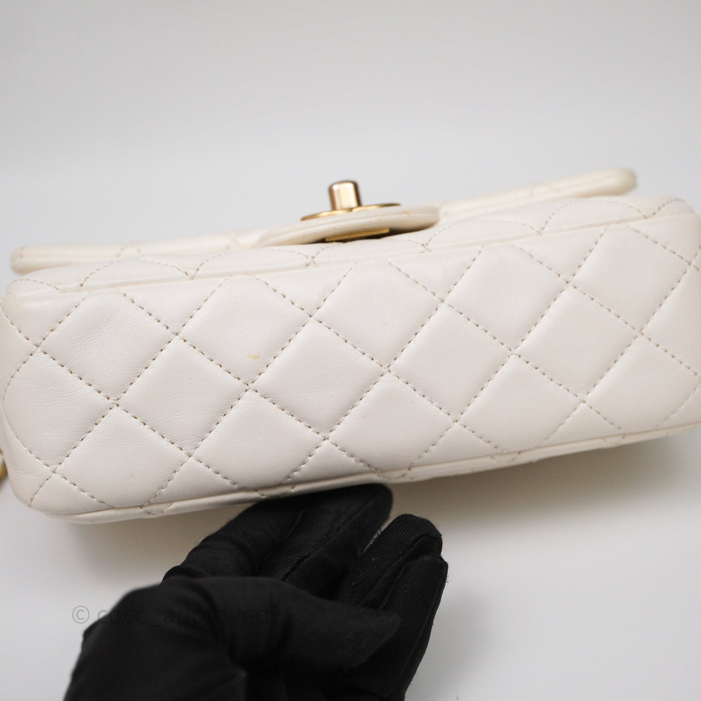 Chanel Mini Rectangular Pearl Crush Quilted White Lambskin Aged Gold Hardware