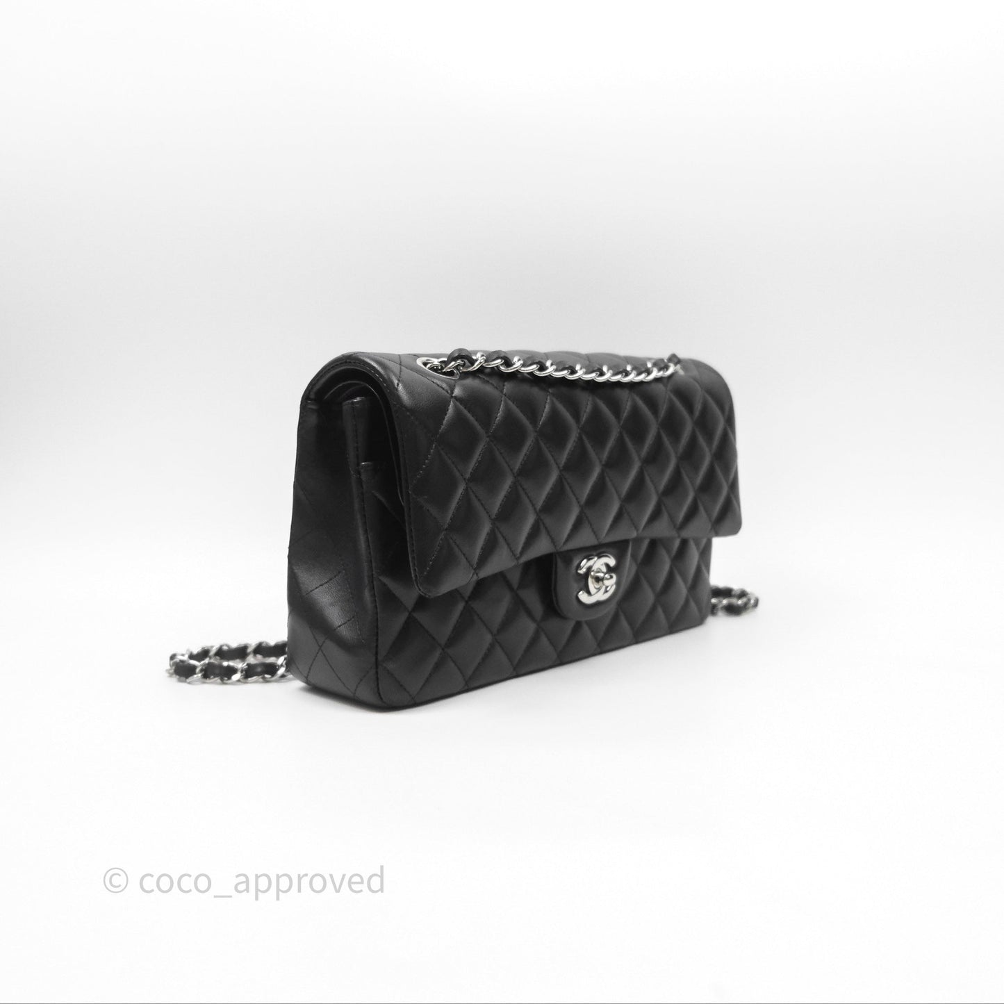 Chanel Classic M/L Medium Flap Quilted Black Lambskin Silver Hardware