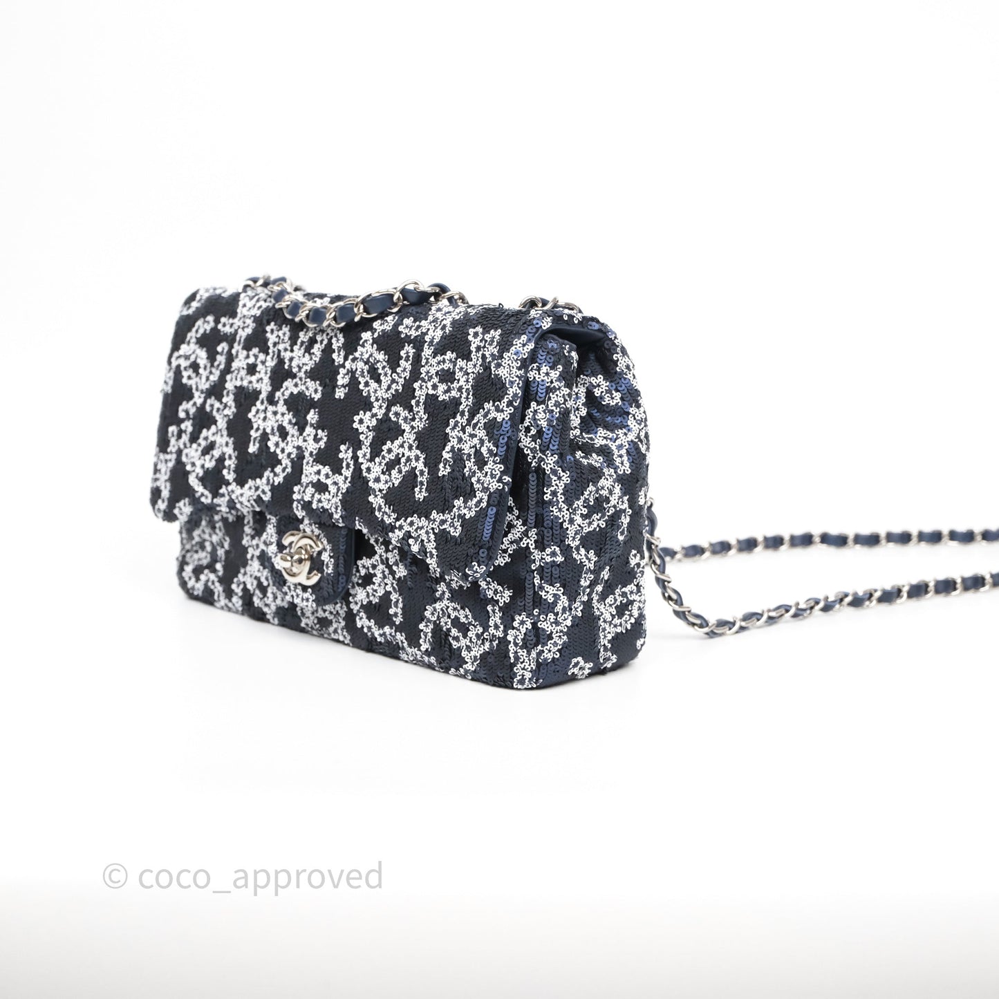 Chanel Medium CC Sequins Flap Bag White/ Navy Silver Hardware 19P