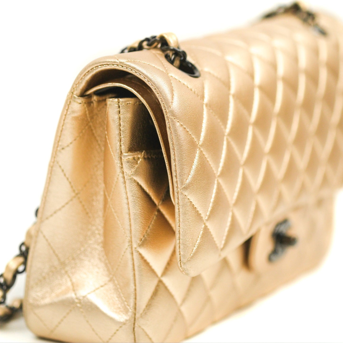 Chanel Classic M/L Medium Flap Quilted Metallic Gold Lambskin Gun Metal