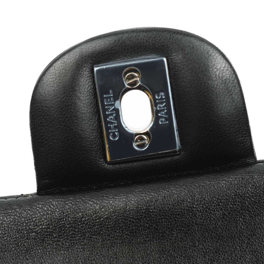 Chanel Classic M/L Medium Double Flap Black Lambskin Silver Hardware