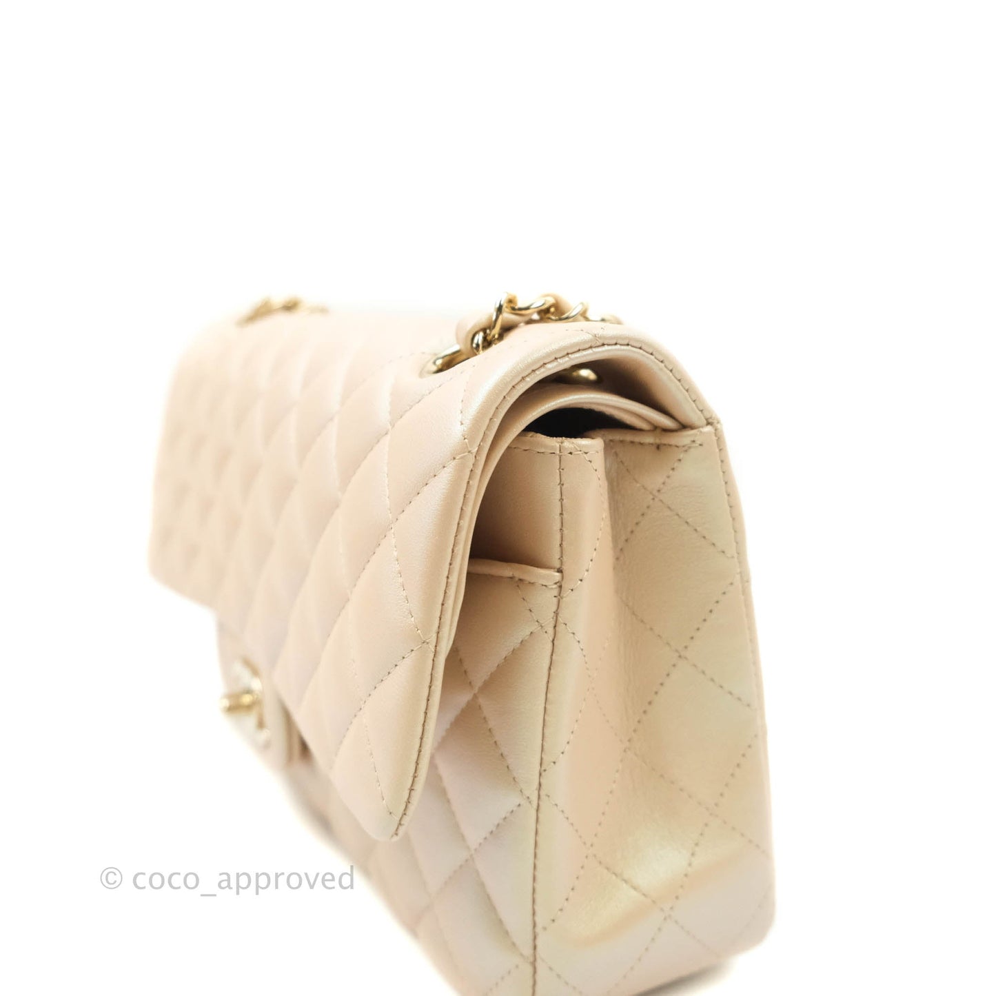 Chanel Classic M/L Medium Double Flap Iridescent Beige Calfskin Gold Hardware 21S
