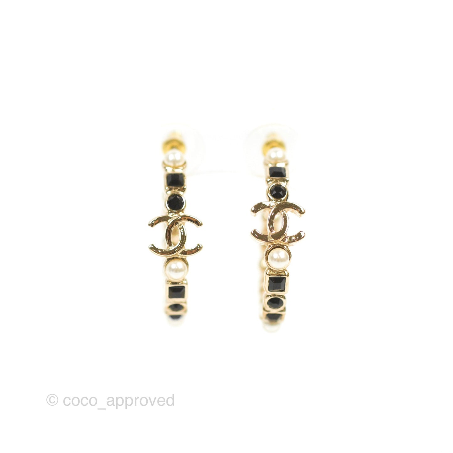 Chanel CC Pearl Black Rhinestone Hoop Earrings Gold Tone 23V