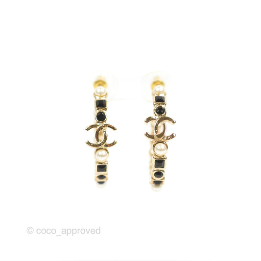 Chanel CC Pearl Black Rhinestone Hoop Earrings Gold Tone 23V