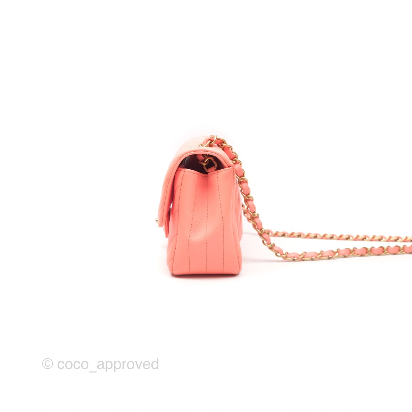 Chanel Chevron Mini Rectangular Flap Peach Pink Lambskin Aged Gold Hardware