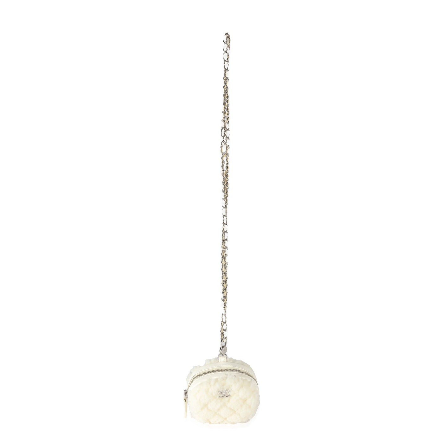 CHANEL 21N White Shearling Coco Neige Mini Circle Clutch On Chain