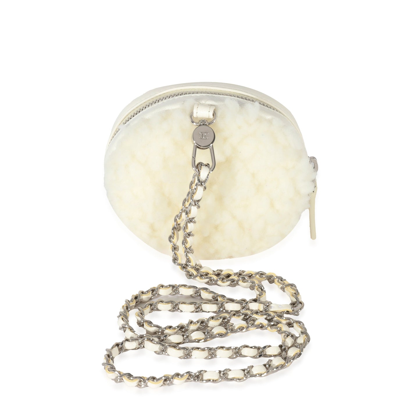 CHANEL 21N White Shearling Coco Neige Mini Circle Clutch On Chain