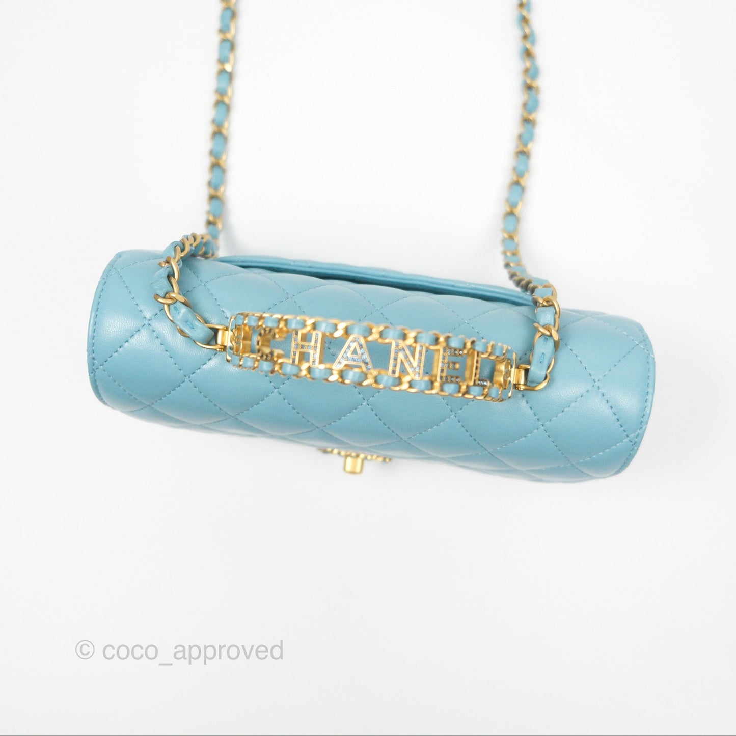 Chanel Flap Bag with Crystal Logo Top Handle Tiffany Blue Lambskin Aged Gold Hardware