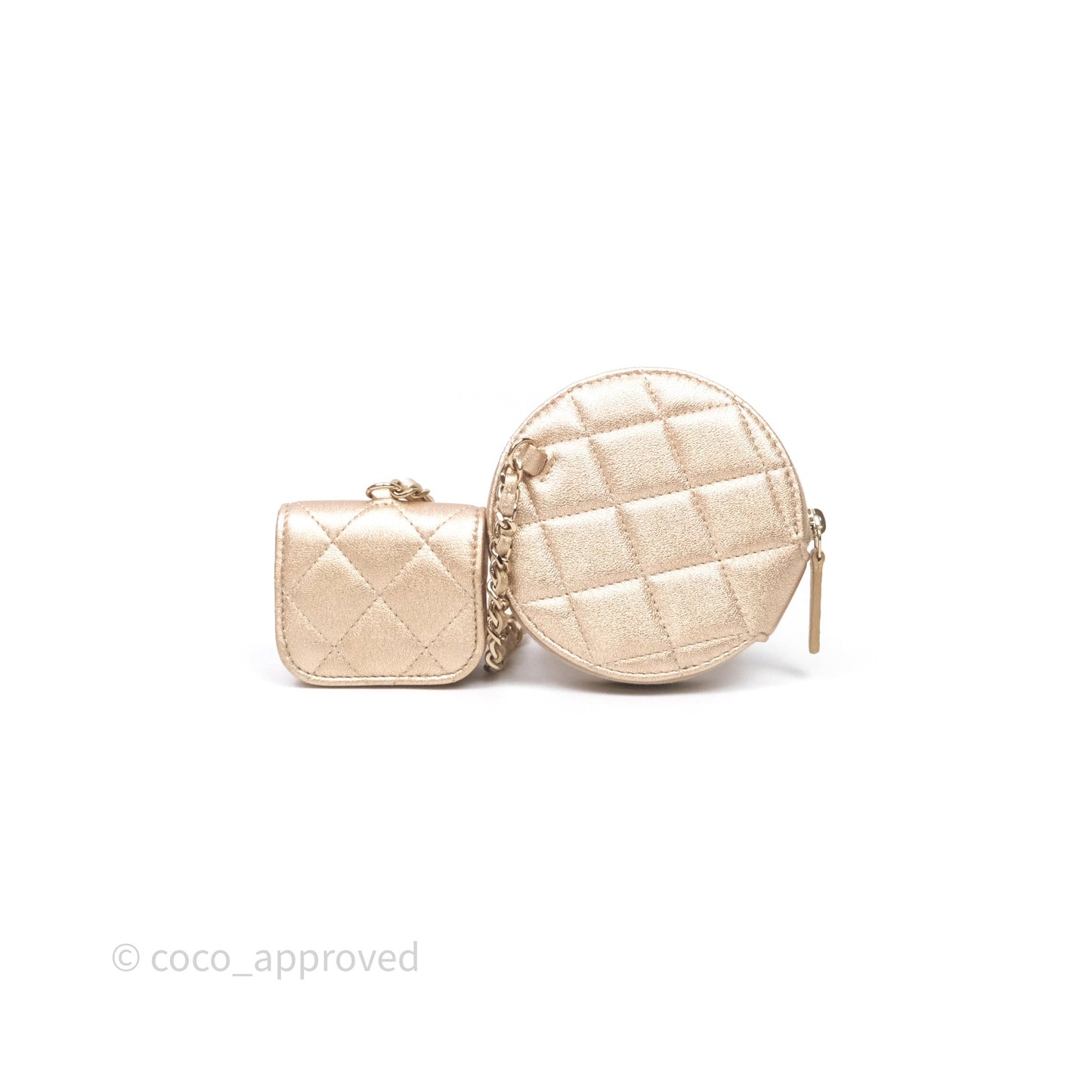 Chanel Quilted Round Coin Purse With Airpods Case Lambskin Metallic Gold Gold Hardware