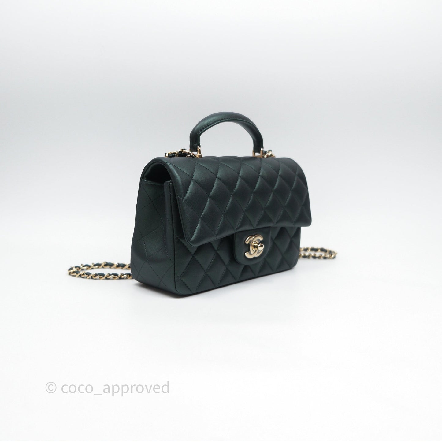 Chanel Top Handle Mini Rectangular Flap Iridescent Green Lambskin Gold Hardware