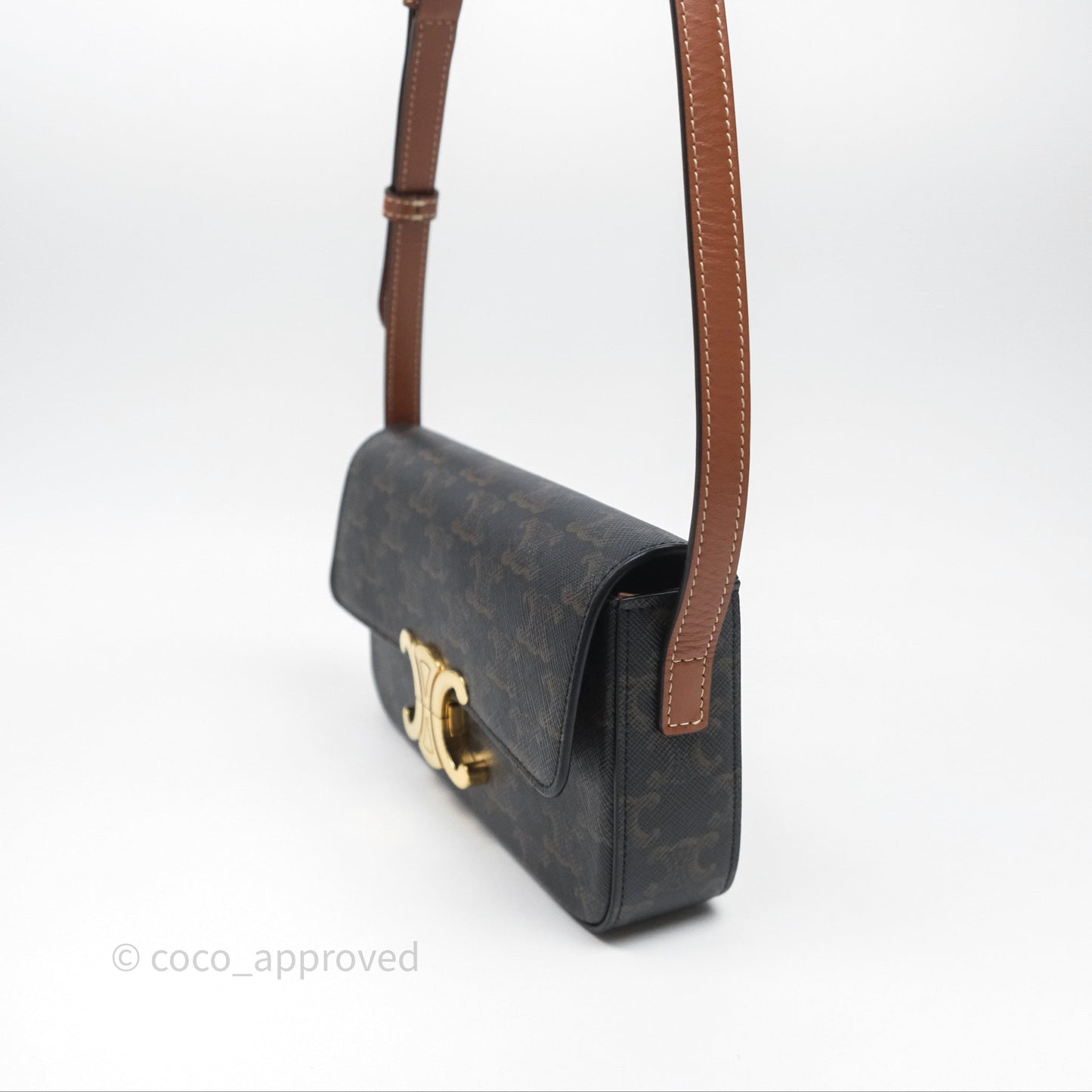 Celine Triomphe Shoulder Bag Tan Calfskin Triomphe Canvas