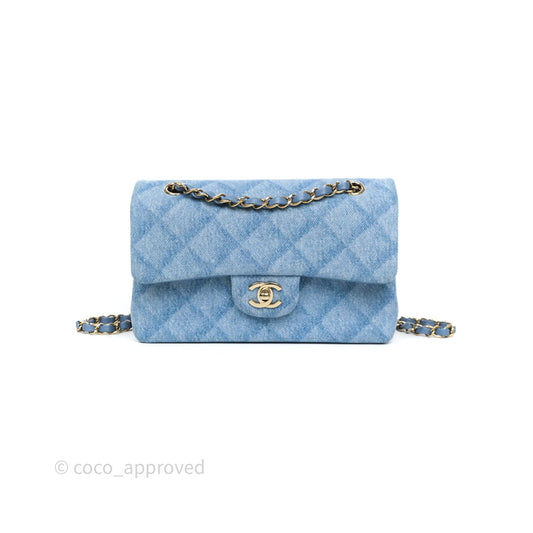 Chanel Small Double Flap Blue Printed Quilted Denim Gold Hardware
