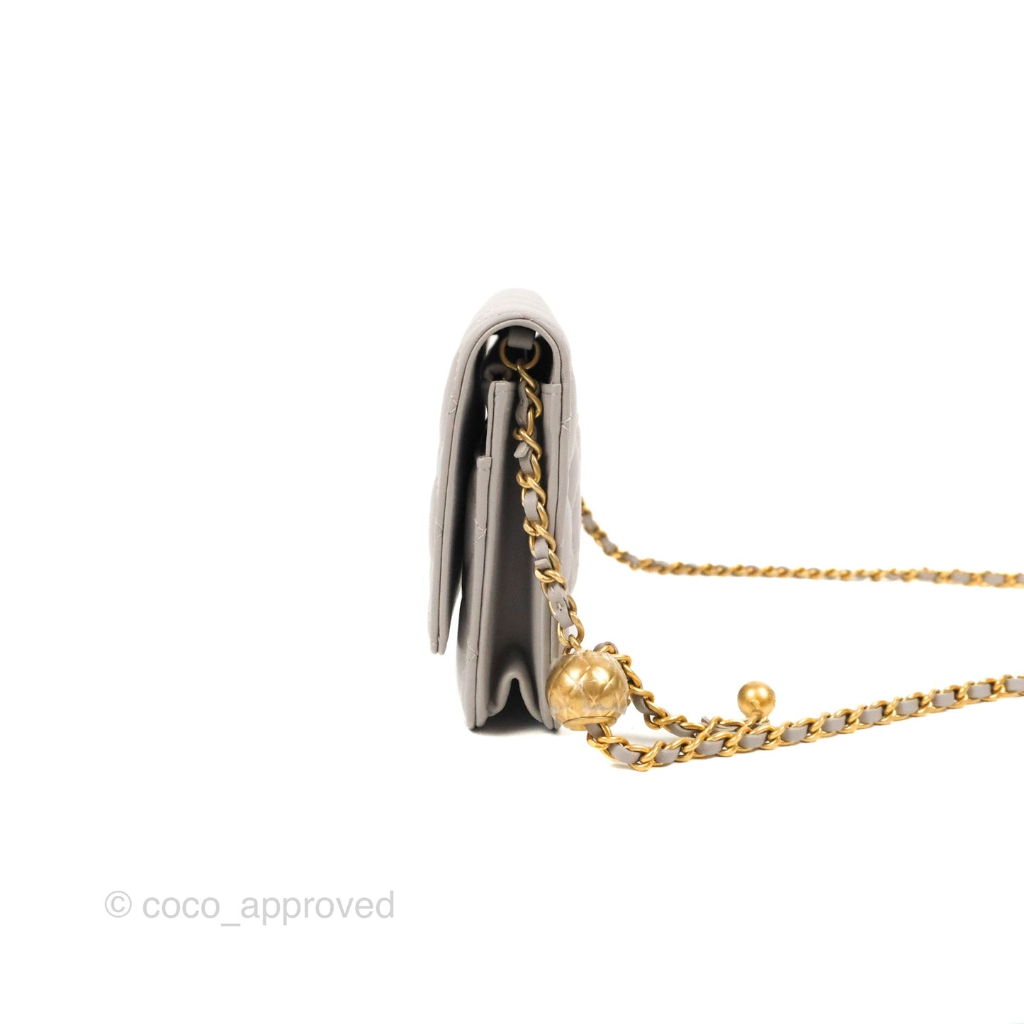 Chanel Quilted Pearl Crush Wallet on Chain WOC Light Grey Lambskin Aged Gold Hardware