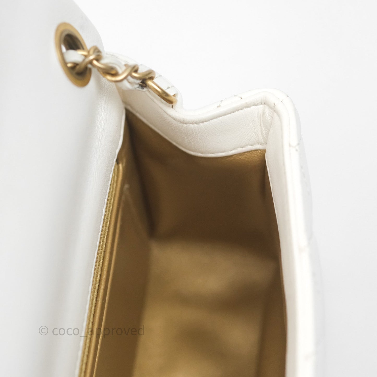 Chanel Mini Rectangular Pearl Crush Quilted White Lambskin Aged Gold Hardware