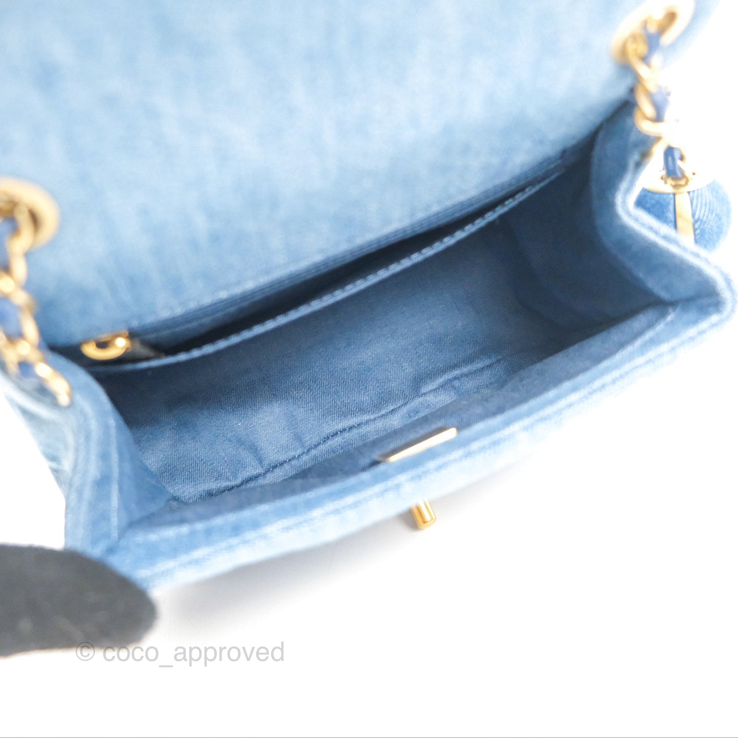 Chanel Mini Square Pearl Crush Quilted Denim Aged Gold Hardware